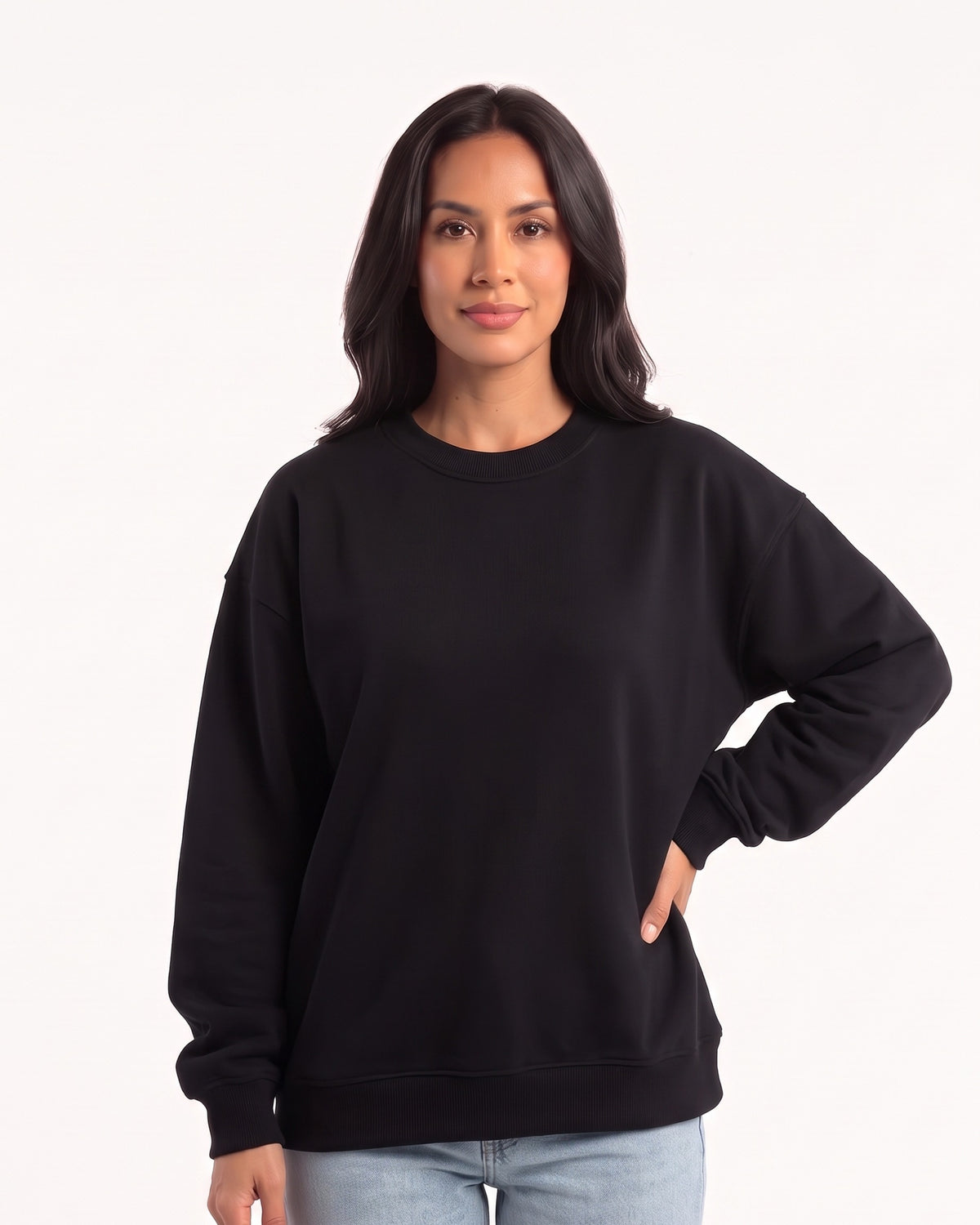 Black oversized crewneck sweatshirt, relaxed drop-shoulder pullover with long sleeves