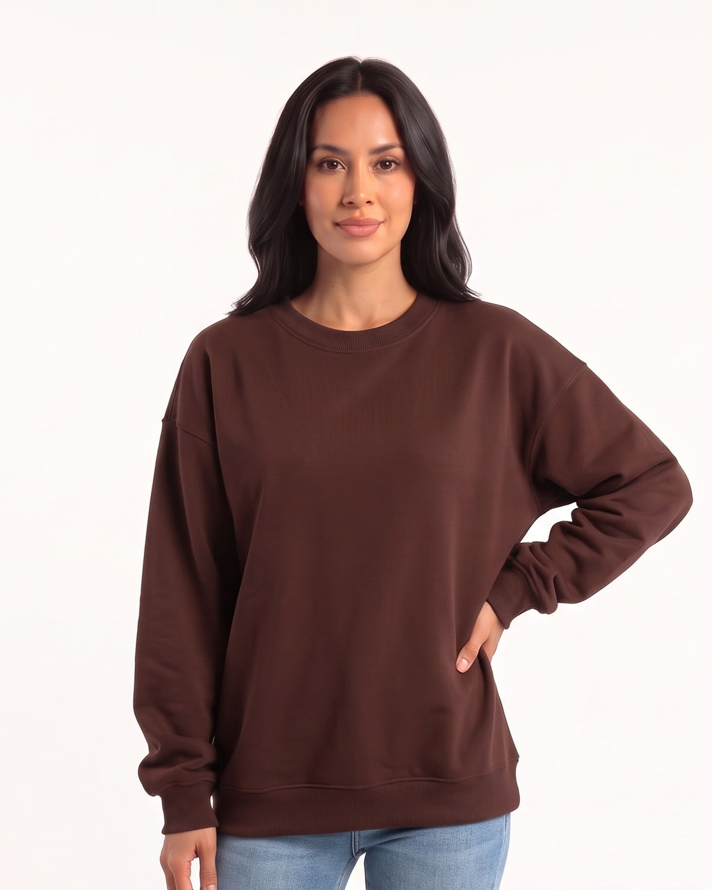 Dark brown oversized crewneck sweatshirt, relaxed drop-shoulder pullover with long sleeves