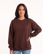 Dark brown oversized crewneck sweatshirt, relaxed drop-shoulder pullover with long sleeves