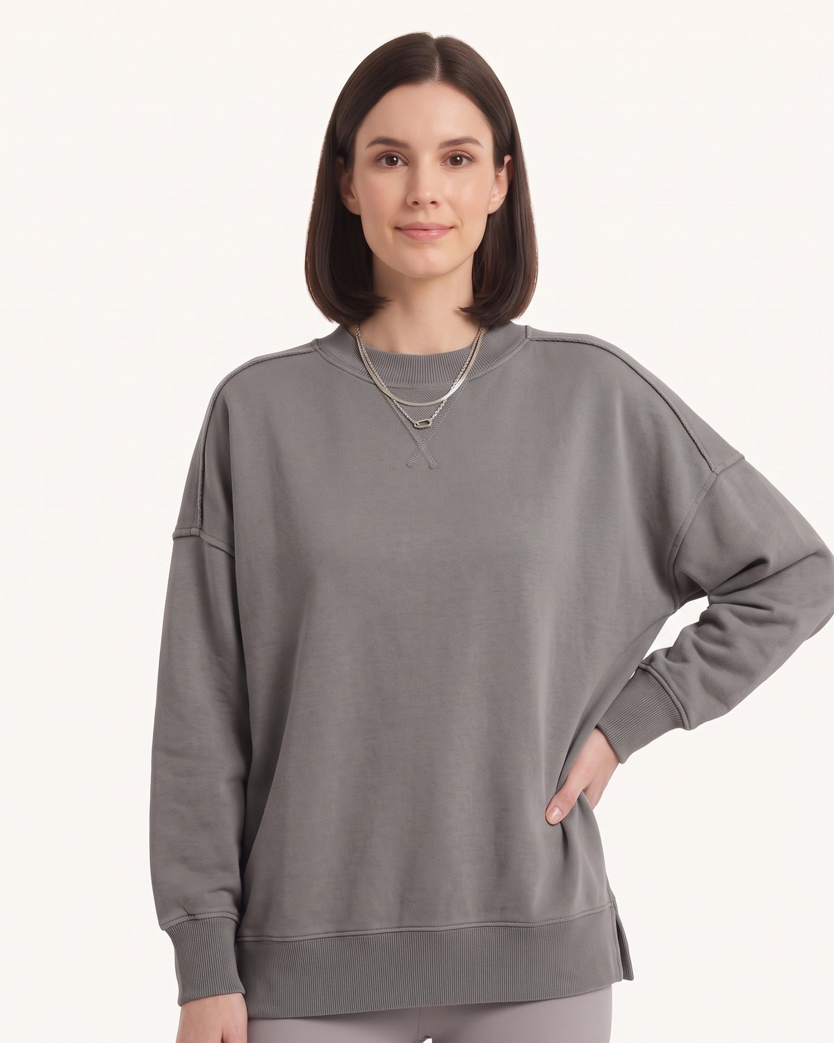 Women's oversized crewneck sweatshirt, dark gray, exposed seams and side slits