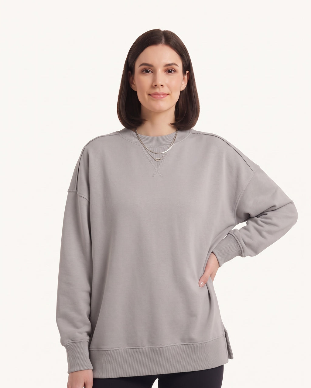 Women's oversized crewneck sweatshirt, light gray, exposed seams and side slits
