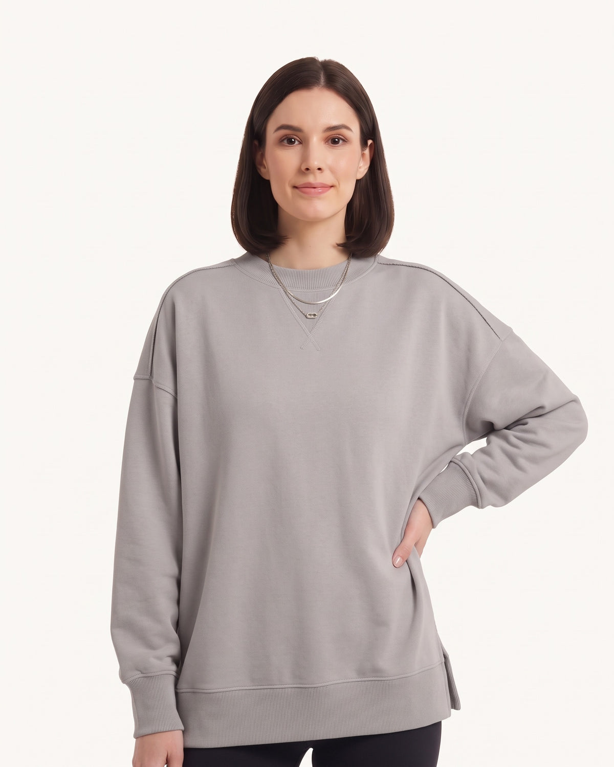 Women's oversized crewneck sweatshirt, light gray, exposed seams and side slits
