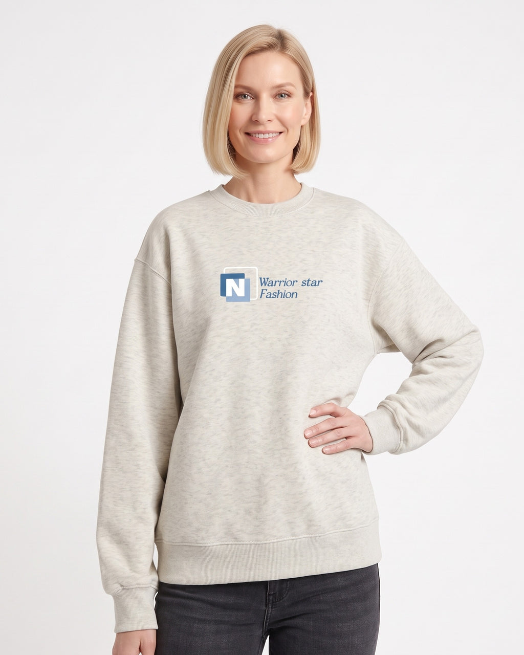 Light gray crewneck sweatshirt with N logo graphic, long sleeves, ribbed hem.