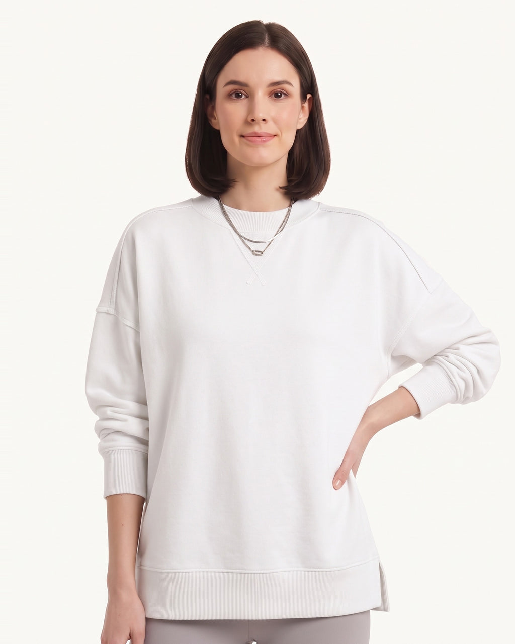 Women's oversized crewneck sweatshirt, white, exposed seams and side slits