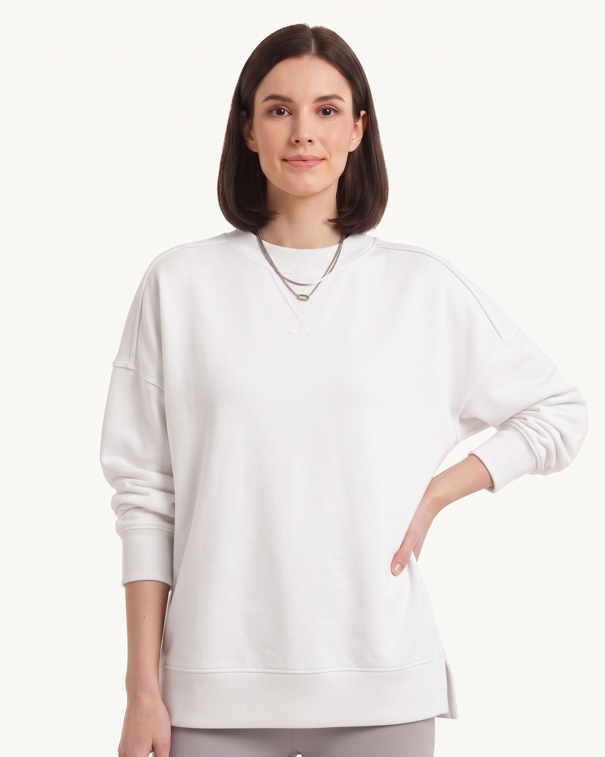 Women's oversized crewneck sweatshirt, white, exposed seams and side slits