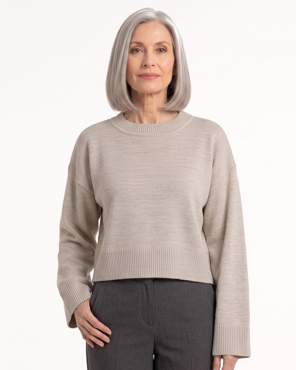Light beige oversized cropped crew-neck knit sweater with ribbed hem and cuffs