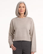 Light beige oversized cropped crew-neck knit sweater with ribbed hem and cuffs