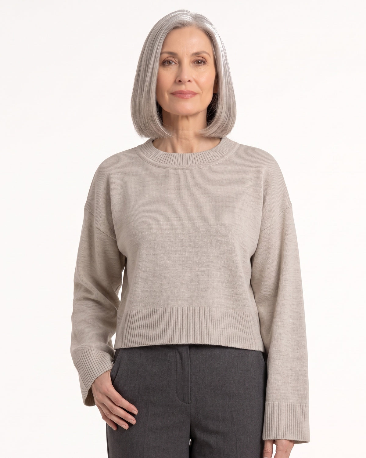 Light beige oversized cropped crew-neck knit sweater with ribbed hem and cuffs