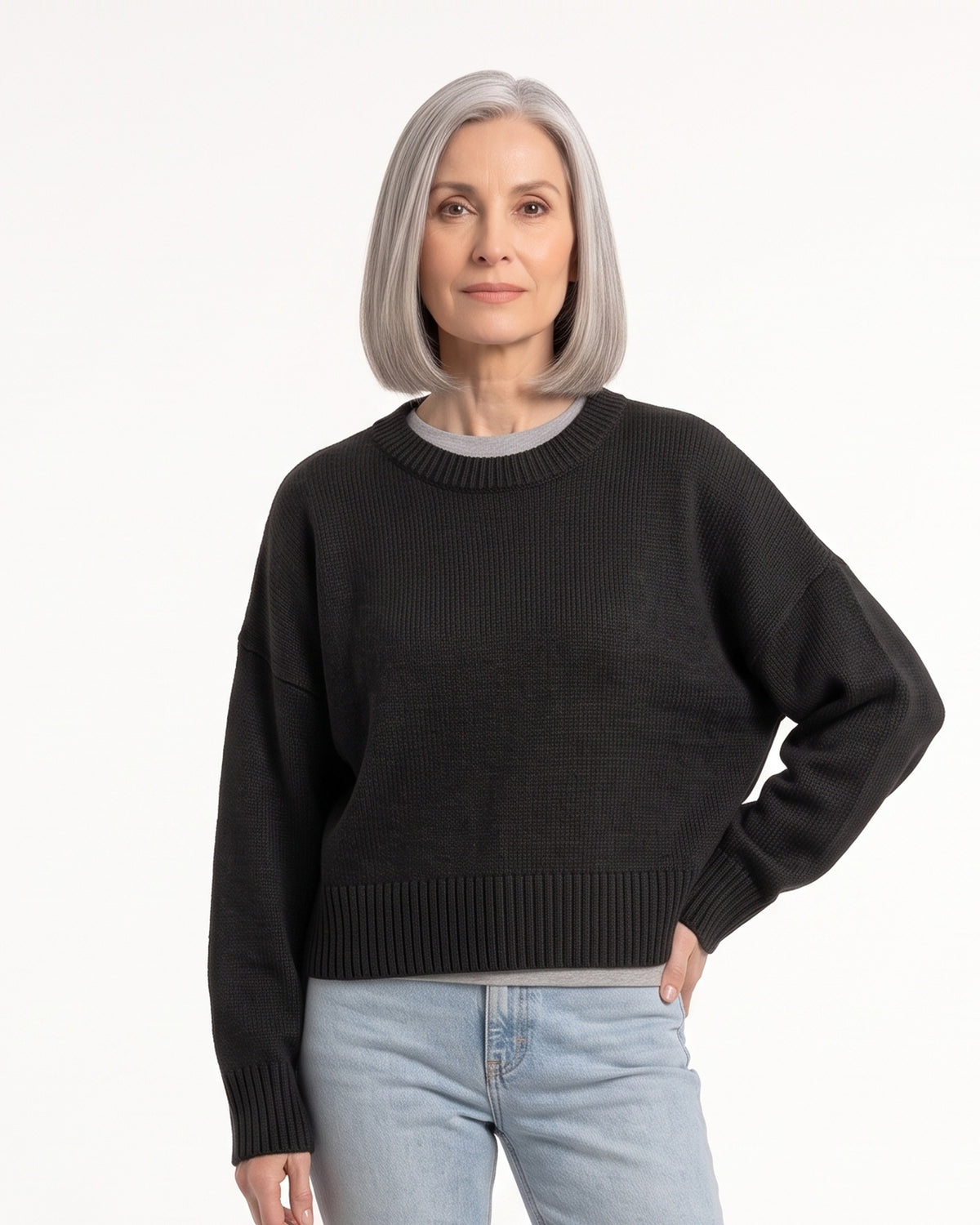 Black oversized cropped crew-neck knit sweater with ribbed hem and cuffs