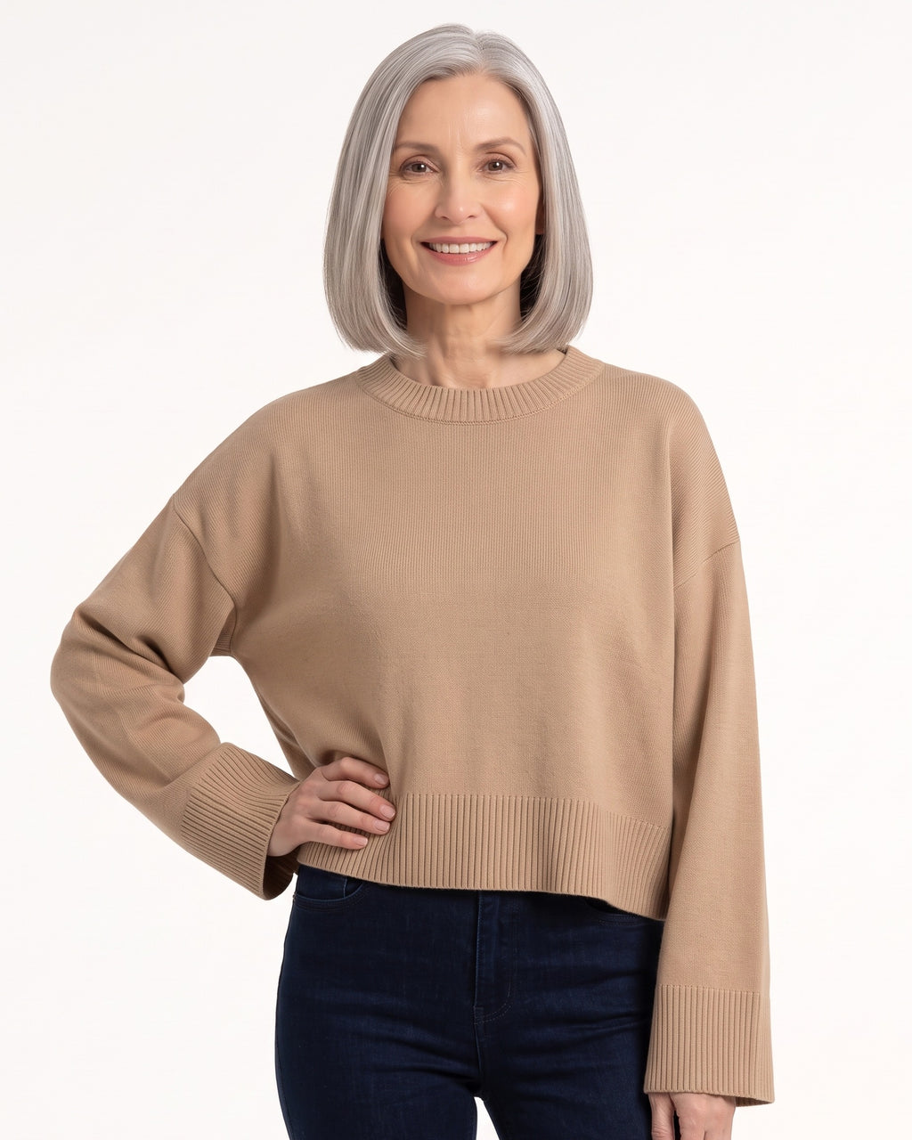 Camel oversized cropped crew-neck knit sweater with ribbed hem and wide sleeves