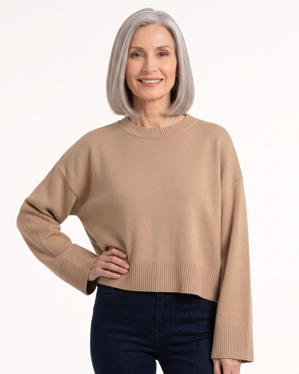Camel oversized cropped crew-neck knit sweater with ribbed hem and wide sleeves