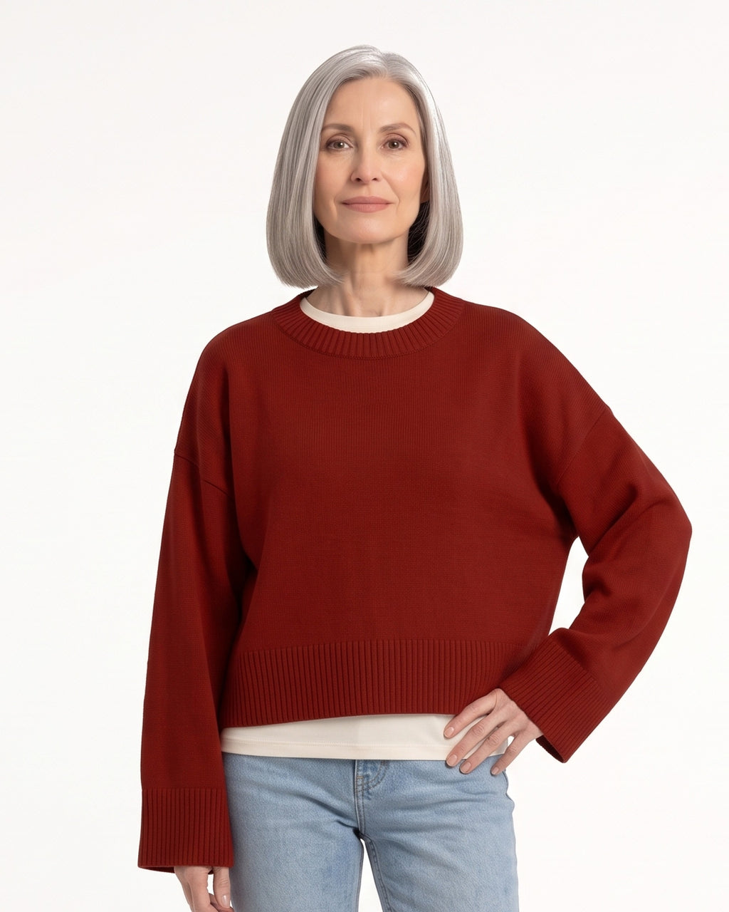 Dark red oversized cropped crew-neck knit sweater with ribbed hem and cuffs