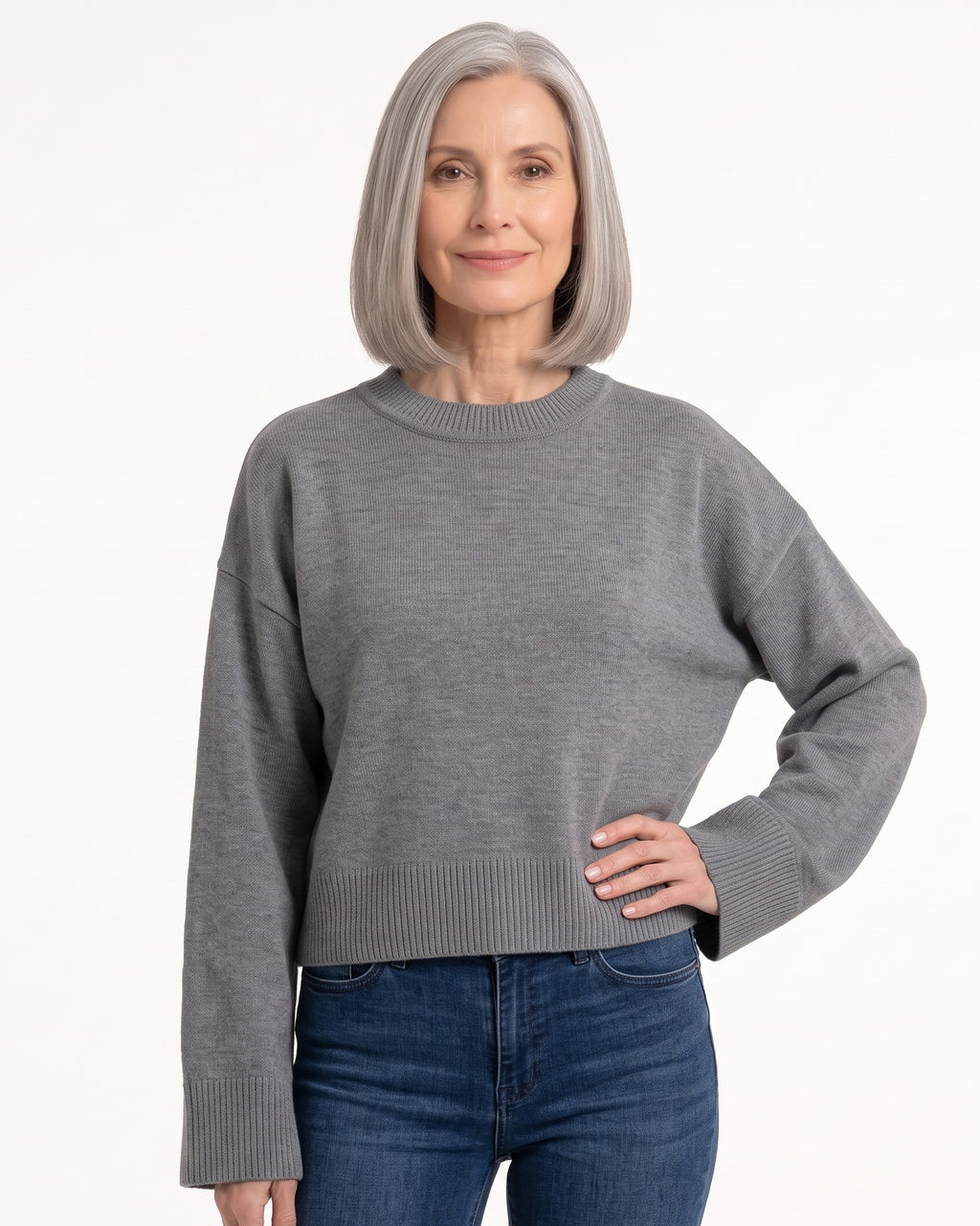 Gray oversized cropped crew-neck knit sweater with ribbed hem and wide sleeves
