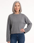 Gray oversized cropped crew-neck knit sweater with ribbed hem and wide sleeves