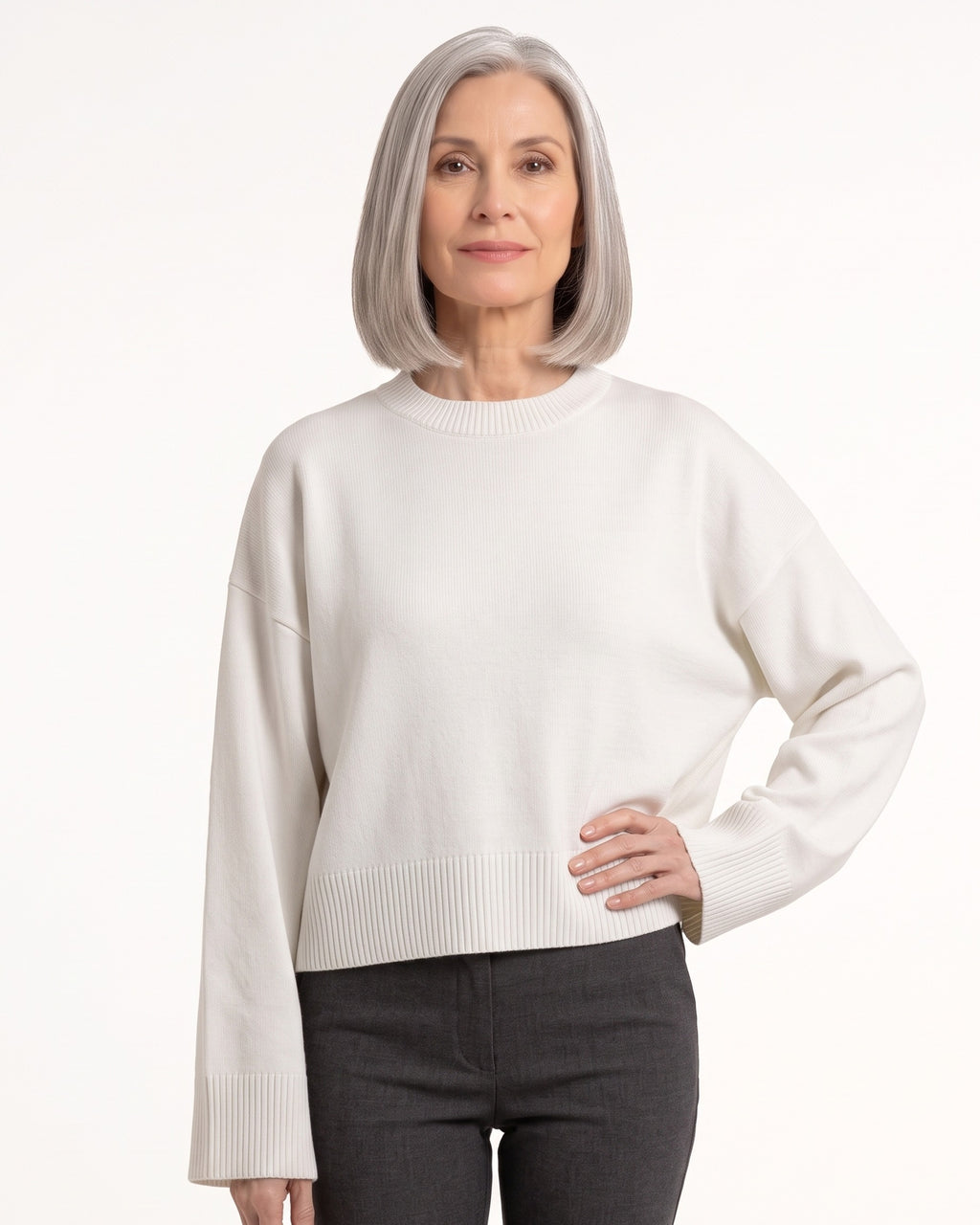 White oversized cropped crew-neck knit sweater with ribbed hem and cuffs