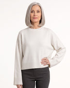 White oversized cropped crew-neck knit sweater with ribbed hem and cuffs