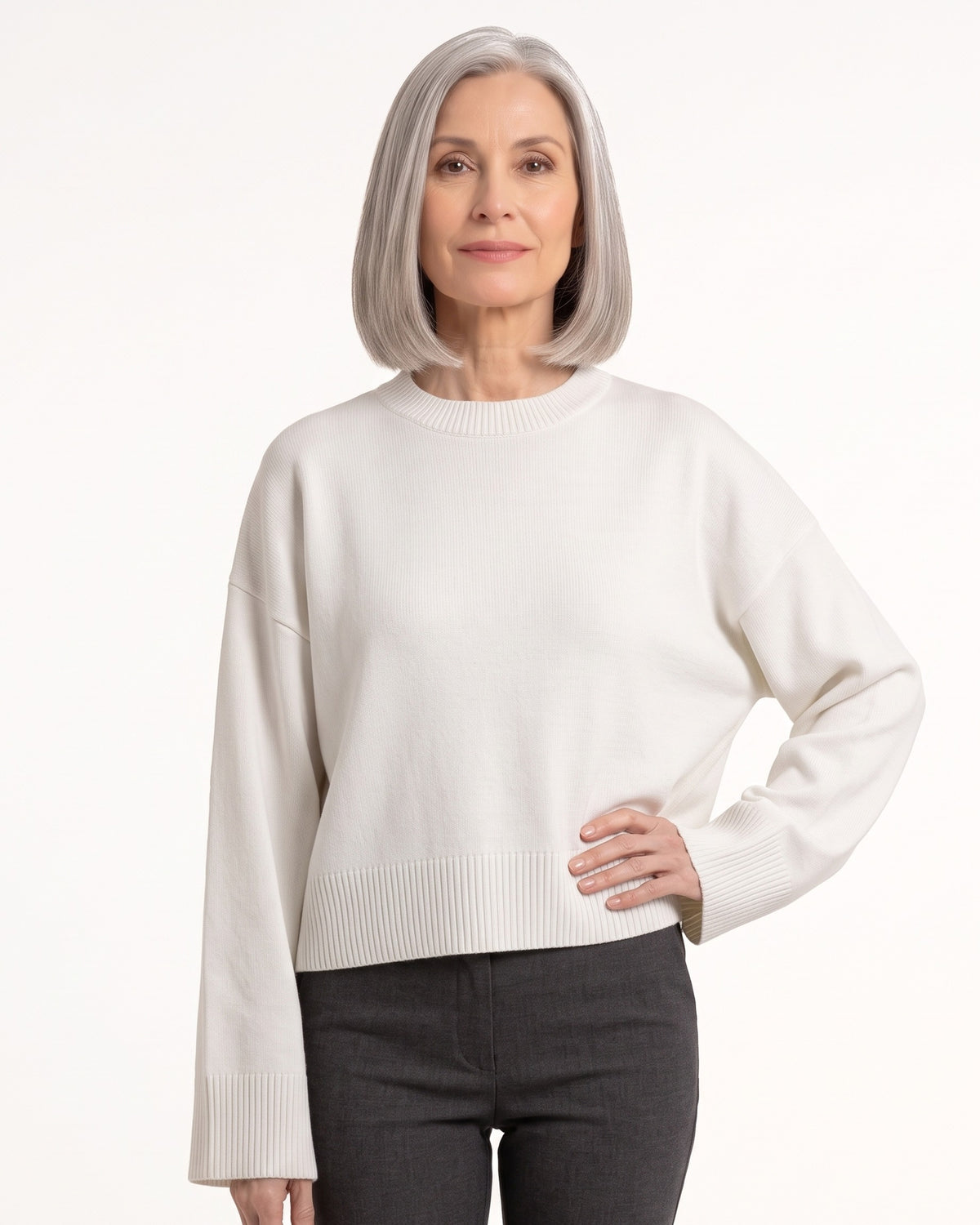 White oversized cropped crew-neck knit sweater with ribbed hem and cuffs