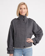 Dark gray cropped wool jacket, funnel neck, button front, epaulettes, cuff tab straps.