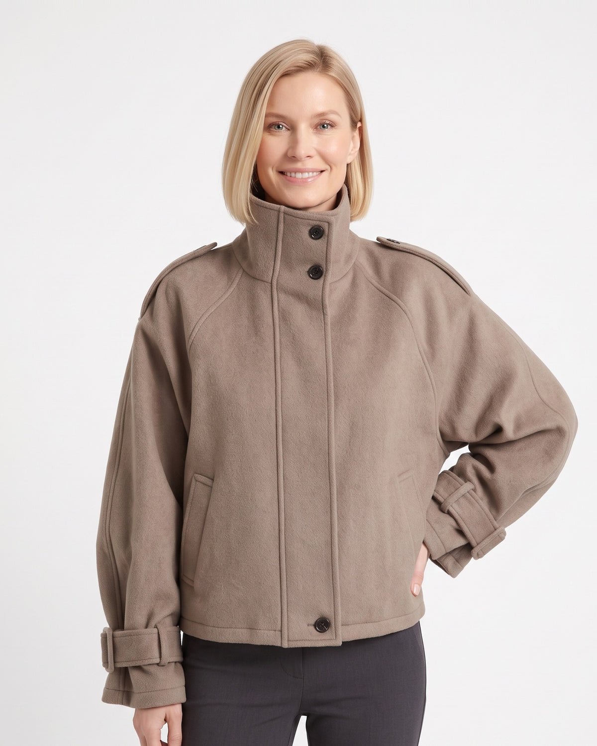 Taupe cropped wool jacket, funnel neck, button front, epaulettes, cuff tab straps.