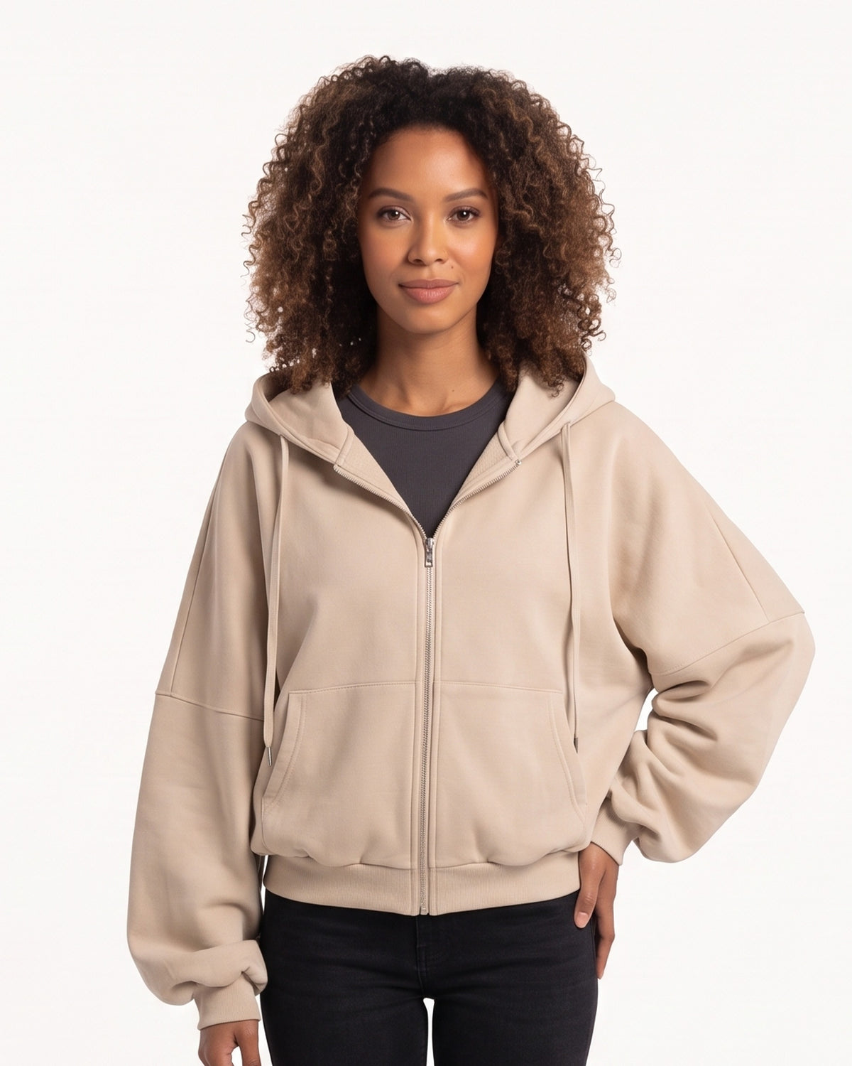 Beige oversized cropped zip-up hoodie with hood and balloon sleeves, zip front