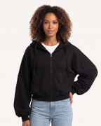 Black oversized cropped zip-up hoodie with hood and balloon sleeves, zip front