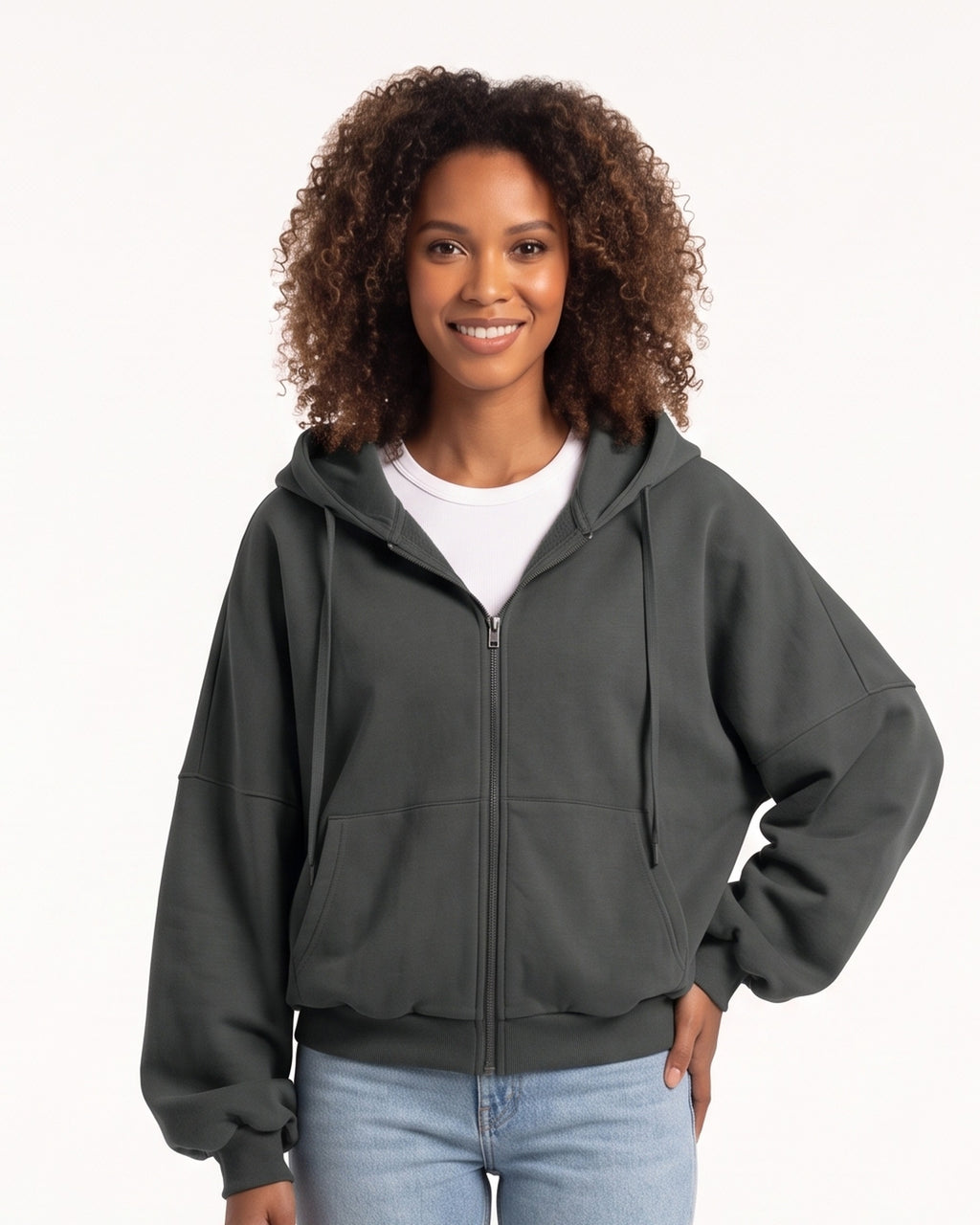 Dark gray oversized cropped zip-up hoodie with hood and balloon sleeves, zip front