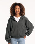Dark gray oversized cropped zip-up hoodie with hood and balloon sleeves, zip front
