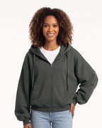 Dark gray oversized cropped zip-up hoodie with hood and balloon sleeves, zip front