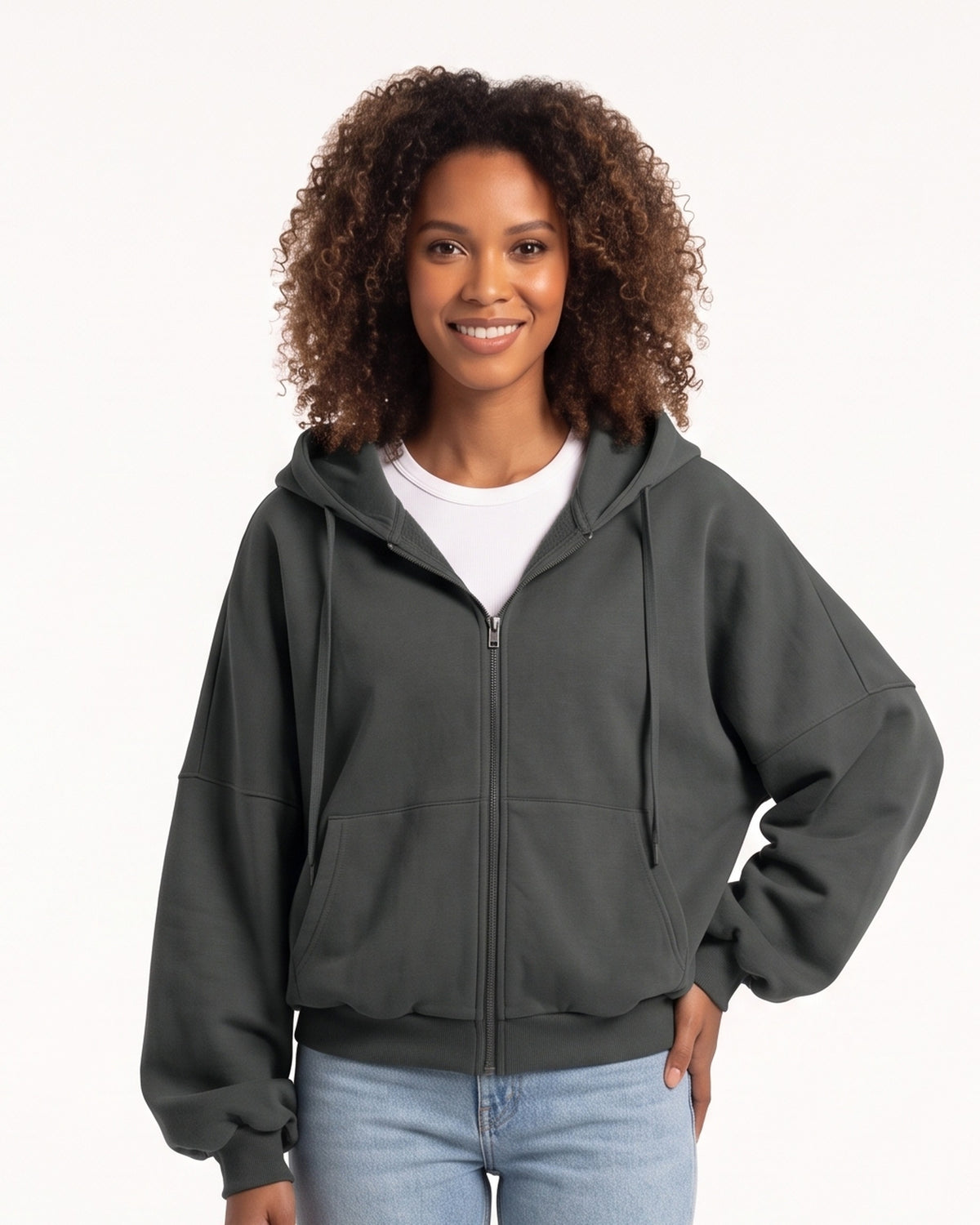 Dark gray oversized cropped zip-up hoodie with hood and balloon sleeves, zip front