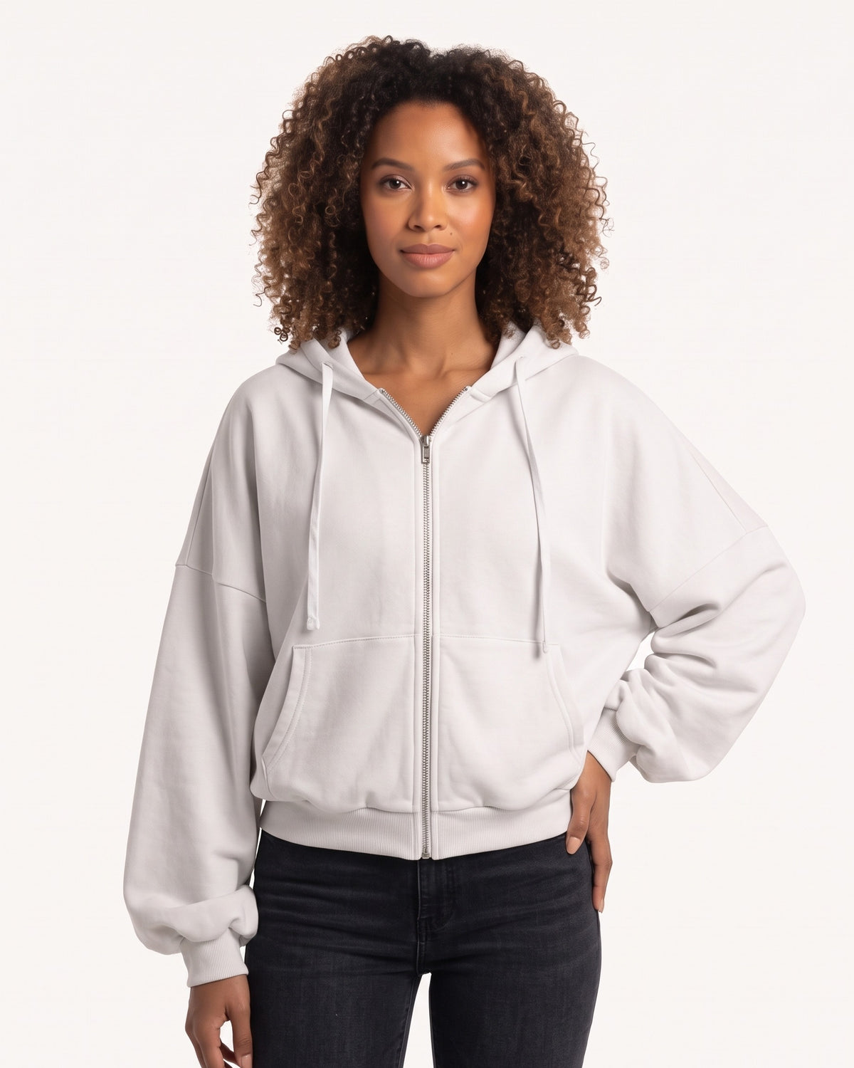 White oversized cropped zip-up hoodie with hood and balloon sleeves, zip front