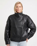 Black faux leather oversized jacket with stand collar, snap buttons, and zip front