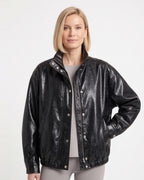 Oversized Faux Leather Jacket for Women — Stand Collar Snap Front Blouson with Drawstring Hem