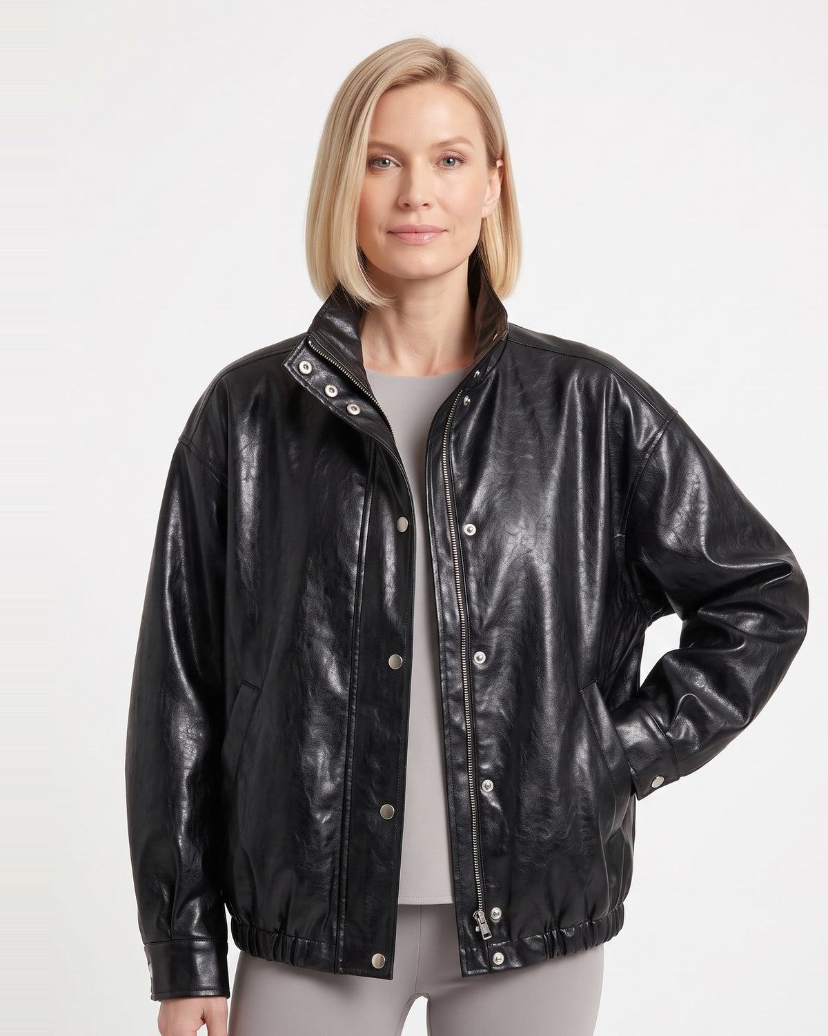 Oversized Faux Leather Jacket for Women — Stand Collar Snap Front Blouson with Drawstring Hem