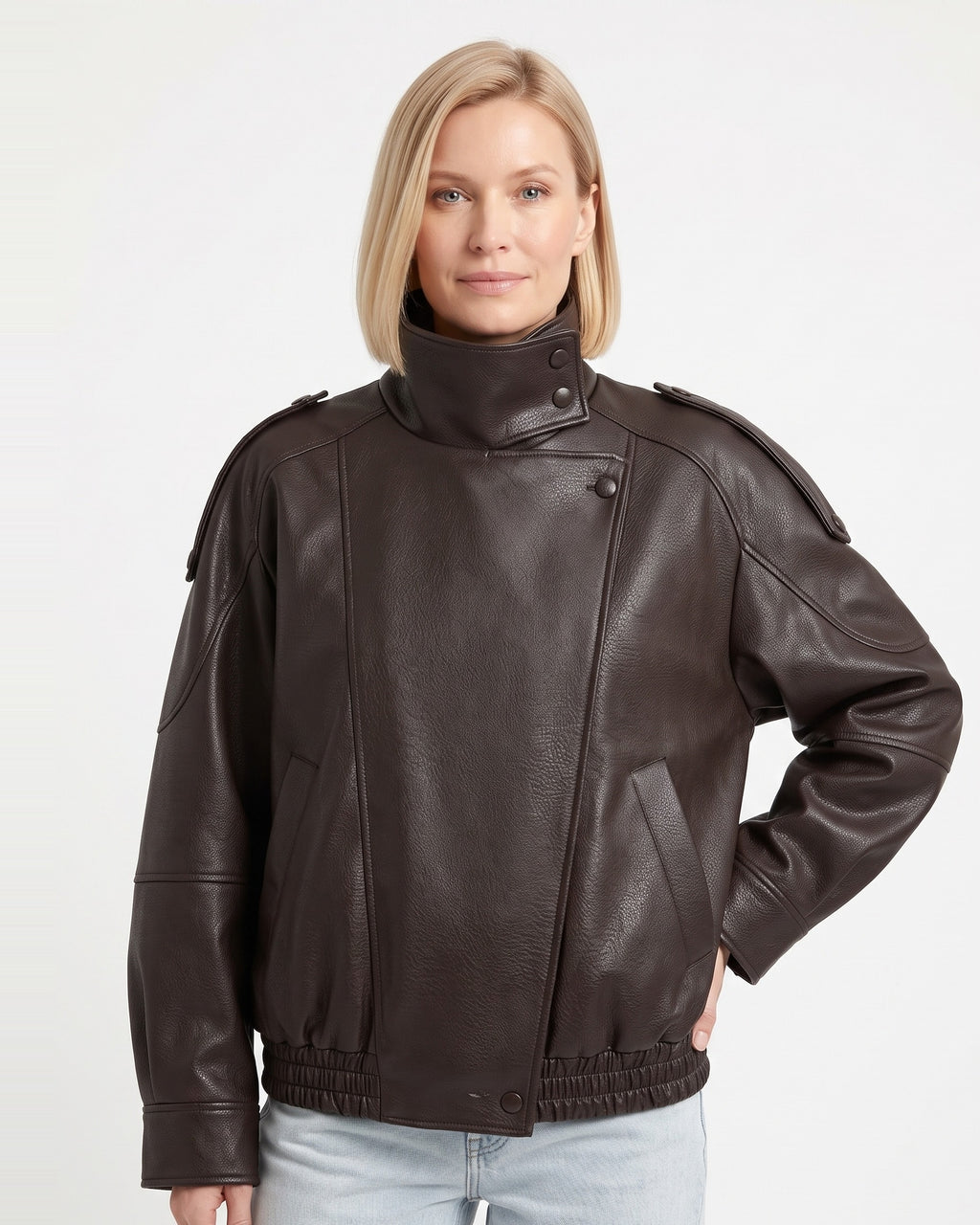 Dark brown faux leather oversized jacket with stand collar and zip front