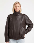 Dark brown faux leather oversized jacket with stand collar and zip front