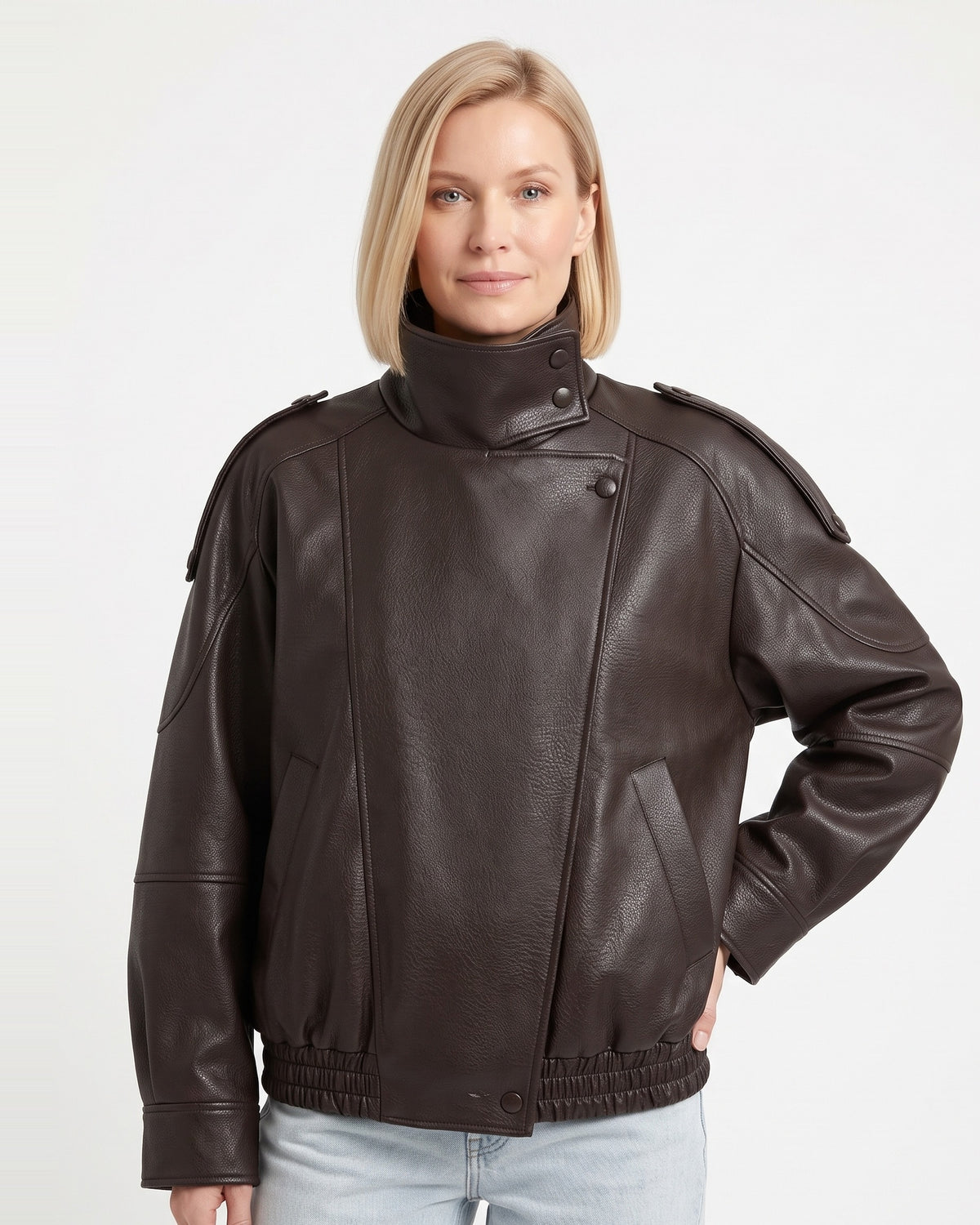 Dark brown faux leather oversized jacket with stand collar and zip front