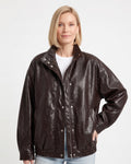 Oversized dark brown faux leather jacket, snap front with stand collar, ribbed cuffs