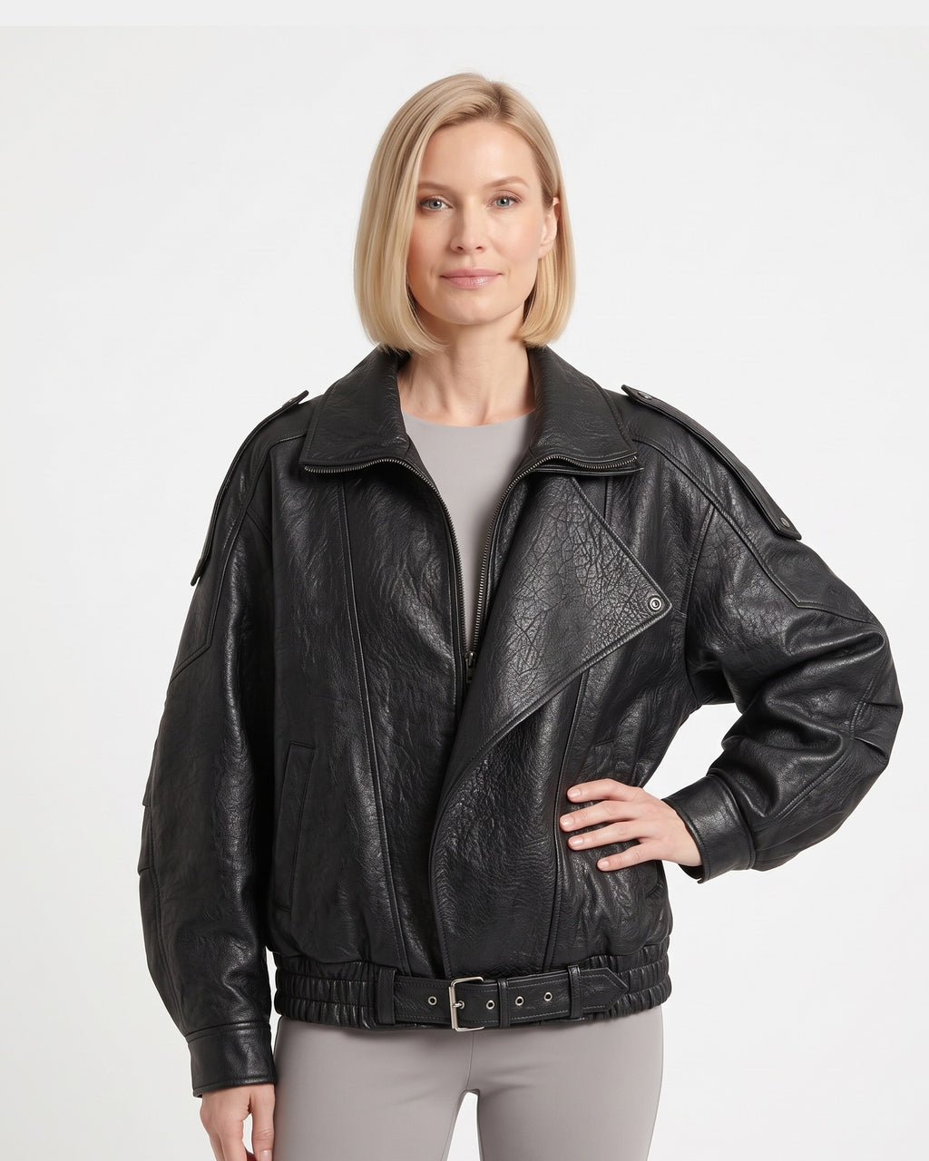 Oversized faux leather moto jacket with double collar, zip front, and waist belt