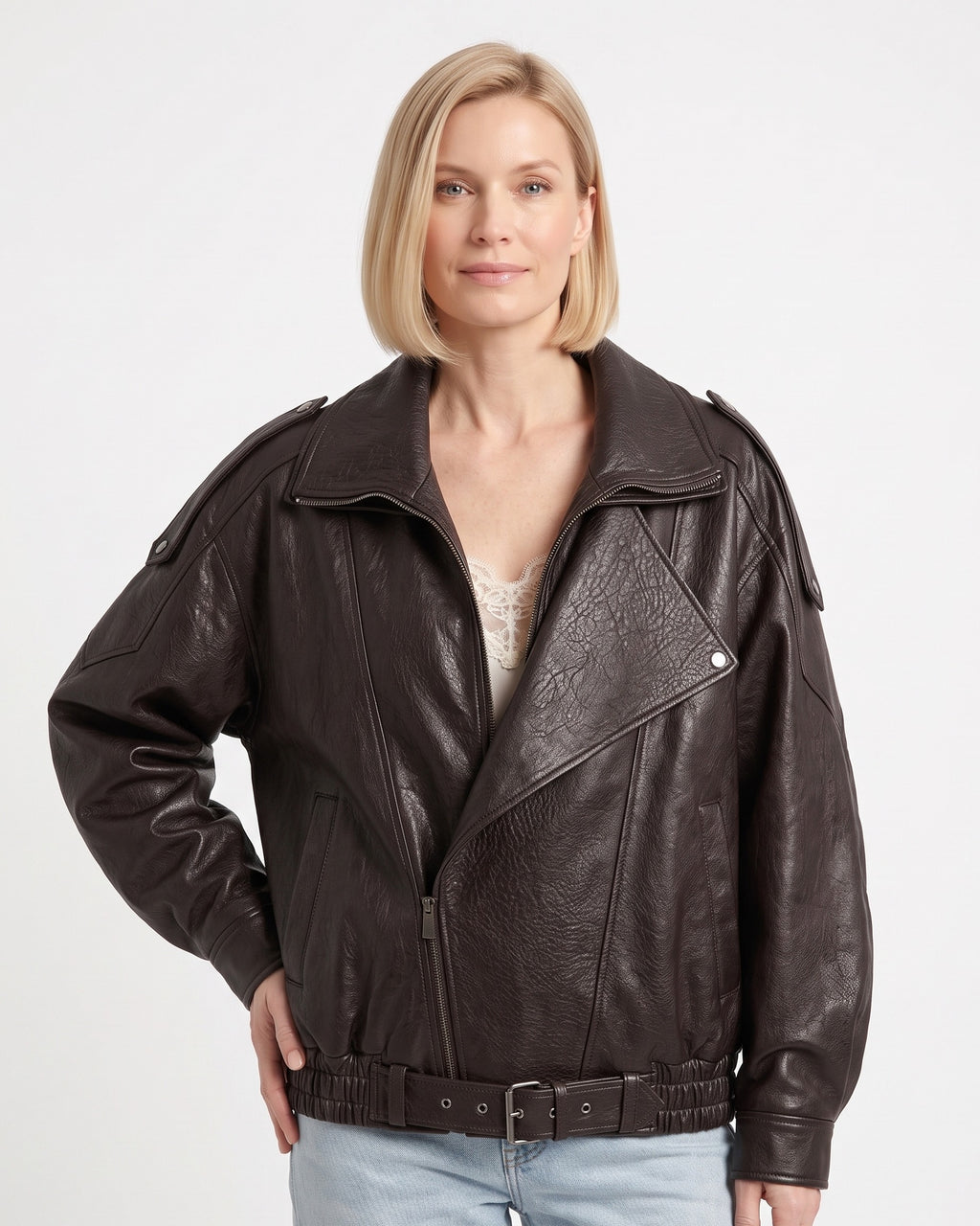 Oversized faux leather moto jacket with double collar, zip front, and belted hem