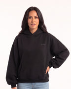 Black fleece hoodie with hood and kangaroo pocket, balloon sleeves