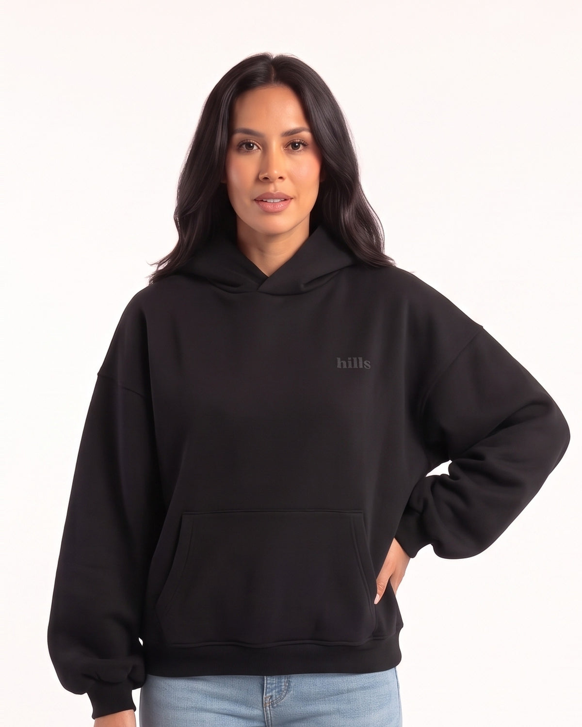 Black fleece hoodie with hood and kangaroo pocket, balloon sleeves