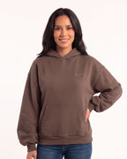 Brown fleece hoodie with hood and kangaroo pocket, balloon sleeves
