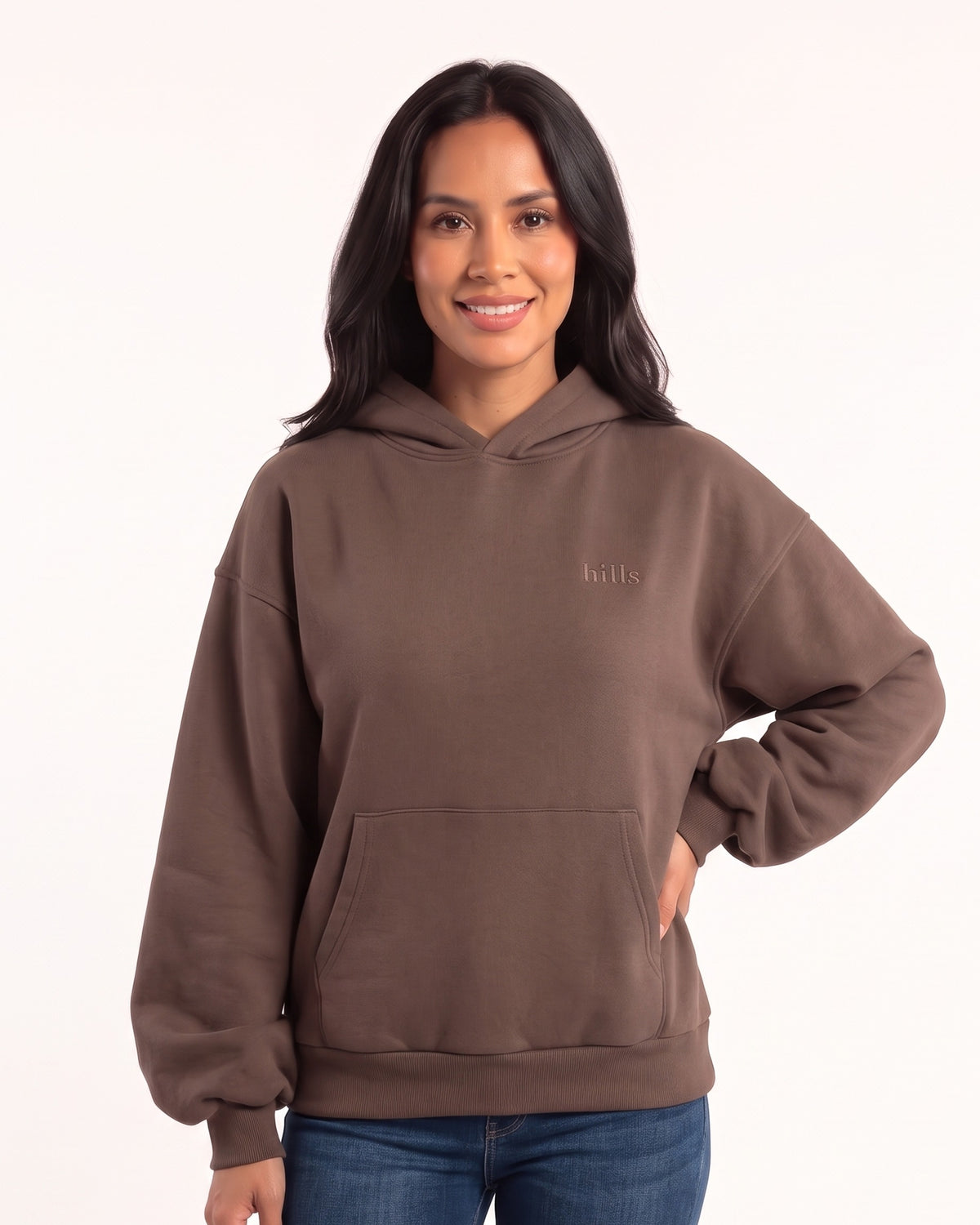 Brown fleece hoodie with hood and kangaroo pocket, balloon sleeves
