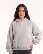 Light gray fleece hoodie with hood and kangaroo pocket, balloon sleeves