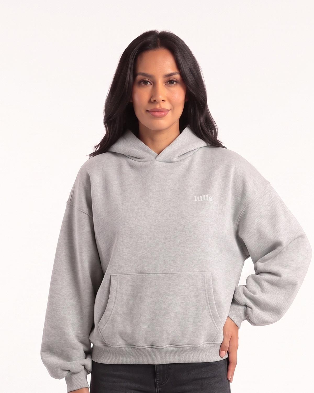 Light gray fleece hoodie with hood and kangaroo pocket, balloon sleeves