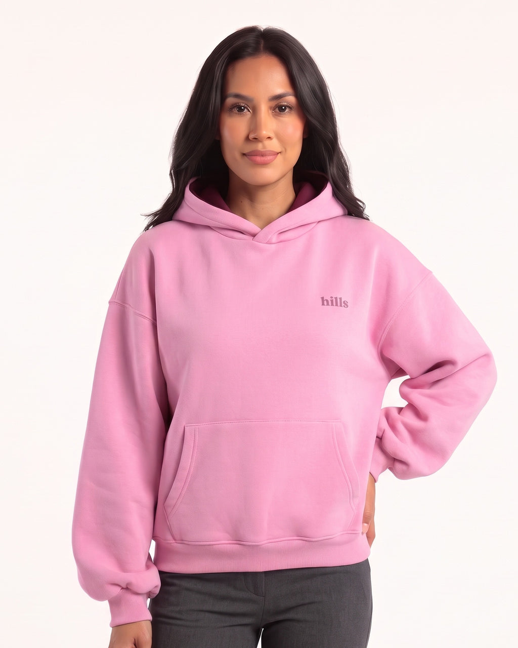 Pink fleece hoodie with hood and kangaroo pocket, balloon sleeves