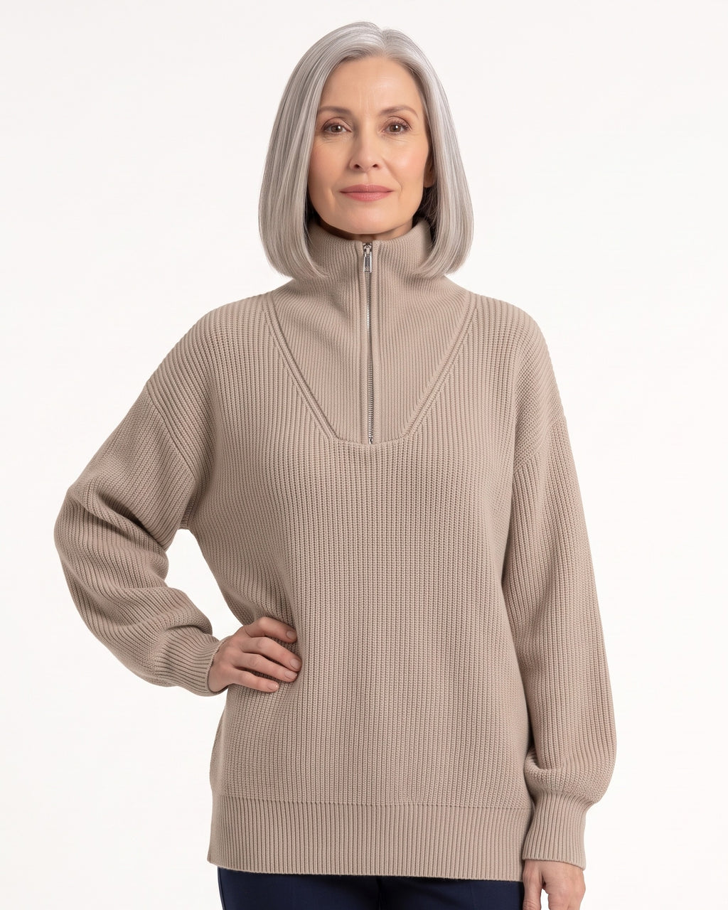 Beige ribbed half-zip sweater with funnel neck, drop shoulders, long sleeves