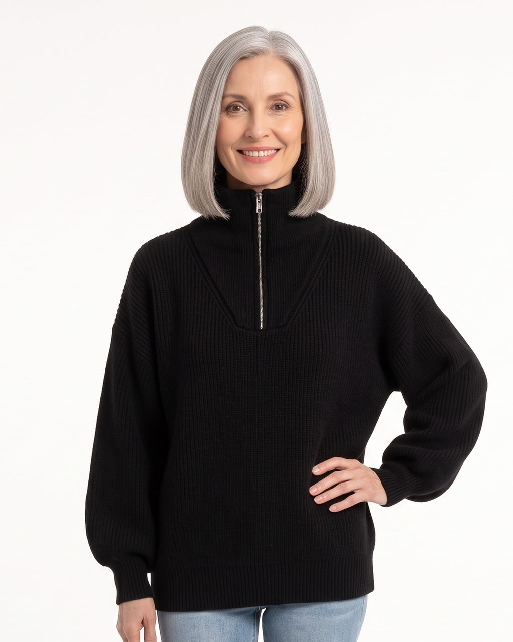 Black ribbed half-zip sweater with funnel neck, drop shoulders, long sleeves