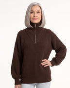 Dark brown ribbed half-zip sweater with funnel neck, drop shoulders, long sleeves