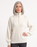 White ribbed half-zip sweater with funnel neck, drop shoulders, long sleeves